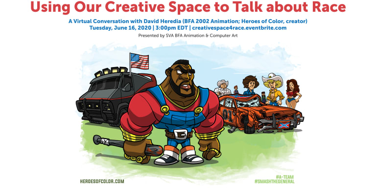 "Using Our Creative Space to Talk about Race" event details above a cartoon of a very muscular man holding a bat and standing in front of a badly dented and crushed up car