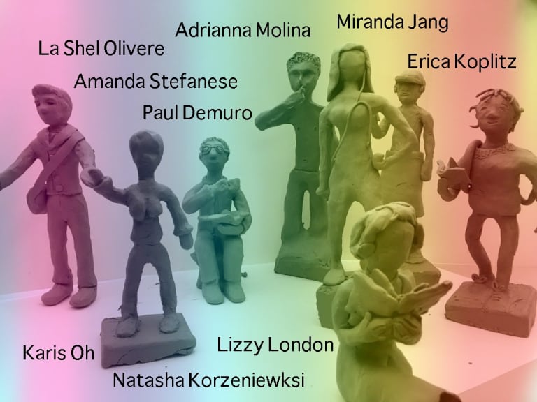 Eight clay figures of people with the names of each member of the MAT Art Education class of 2020