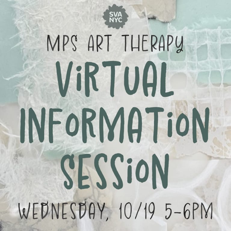Collaged background of light blue and white papers with text: MPS Art Therapy Information Session Wednesday, 10/19 5 - 6 PM in dark green and black lettering.