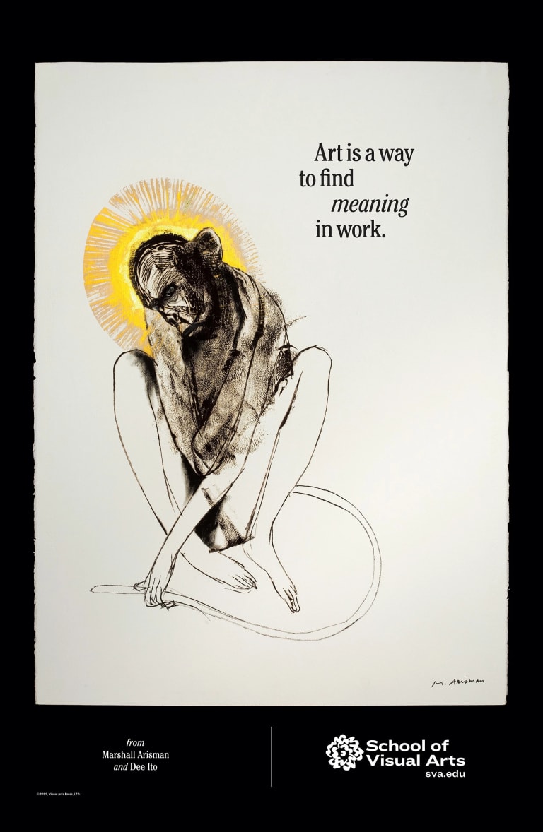 A poster image of a monkey with a yellow halo around its head, with the words "art is a way to find meaning in work," enscribed on it.