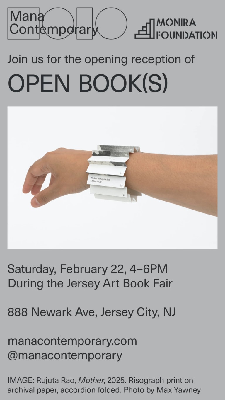 exhibition announcement with event details and a photo of a hand wearing a bracelet made in the form of a cylindrical accordion-fold book. 