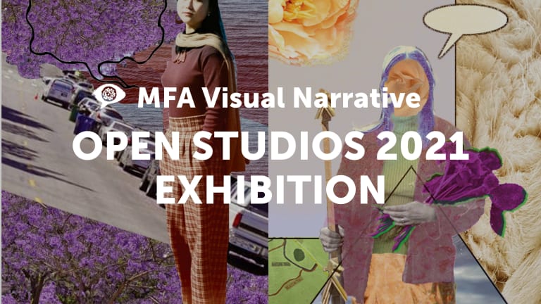 MFA Visual Narrative Open Studios 2021 Exhibition in white text over collage of image split vertically with a figure of a woman and collaged elements in different positions with purple orange green and white coloring. 