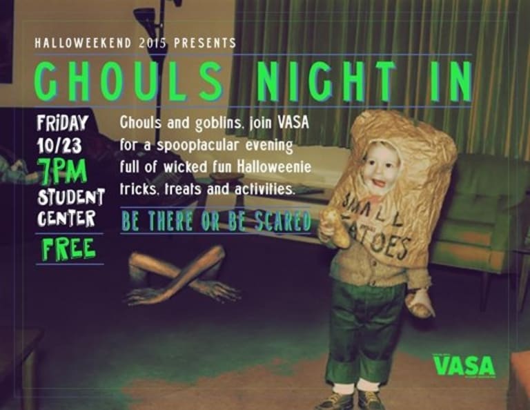 An advertisement for a "Ghouls Night In" showing a small child dressed as a bag of potatoes. The event is stated to start at 7 pm on the 23rd of October