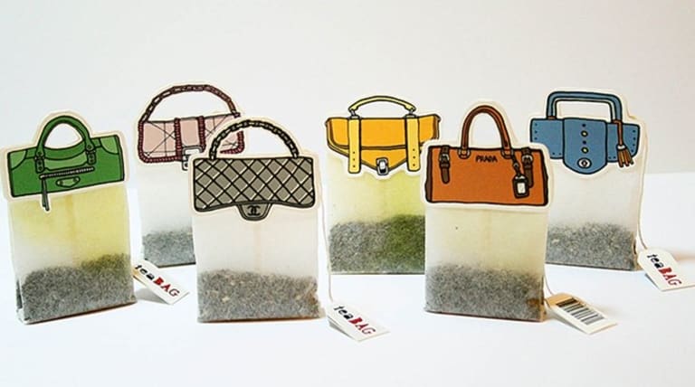 Teabags are decorated to appear like designer brand handbags.