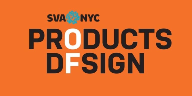 SVA NYC Products of Design logo, orange background with black and white text