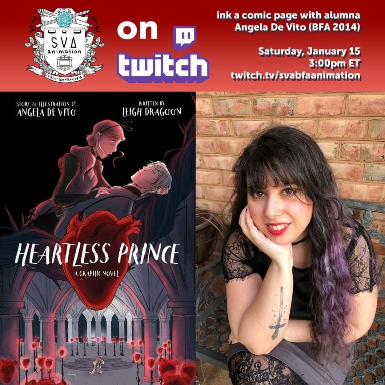 Cover titled "the heartless prince" to the left of the screen with a photo of angela de vito, who will be streaming on the bfa animation twitch channel. bfa animation logo is on top of these images. 