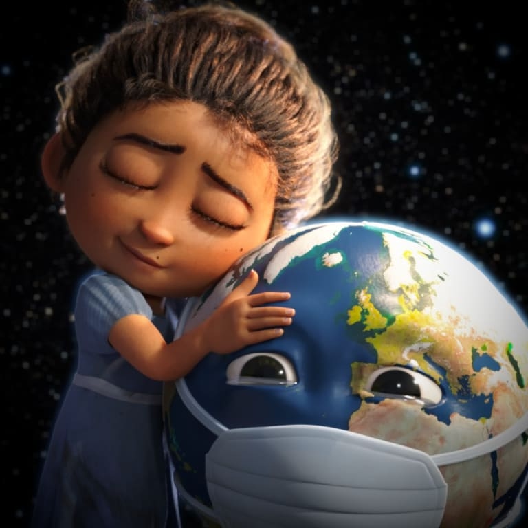 A digital illustration of a child hugging the Earth, which is wearing a medical mask.