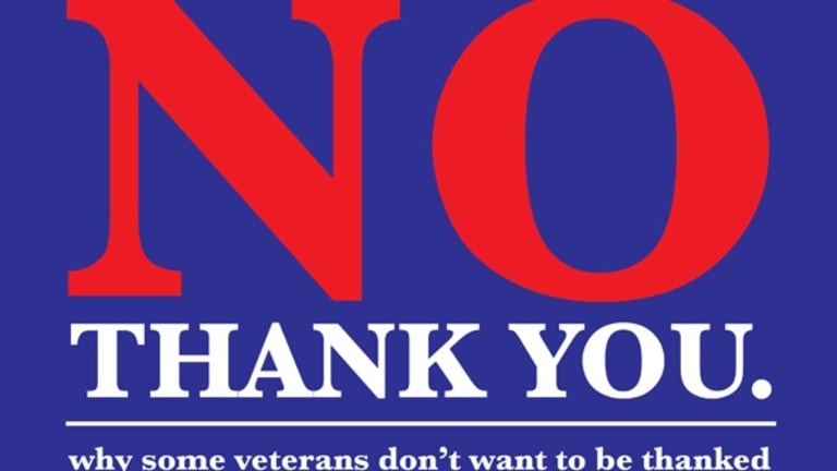 On a blue background, a large "No" is written in red letters with "Thank you" is written in white in a smaller font size. Underneath that, "why some veterans don't want to be thanked." is written in white lettering.