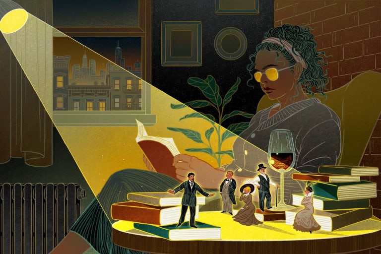An illustration of a woman reading a book, while tiny figures on her table act out a scene.