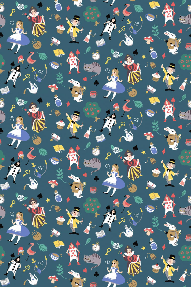 A pattern design made out of "Alice in Wonderland" characters.