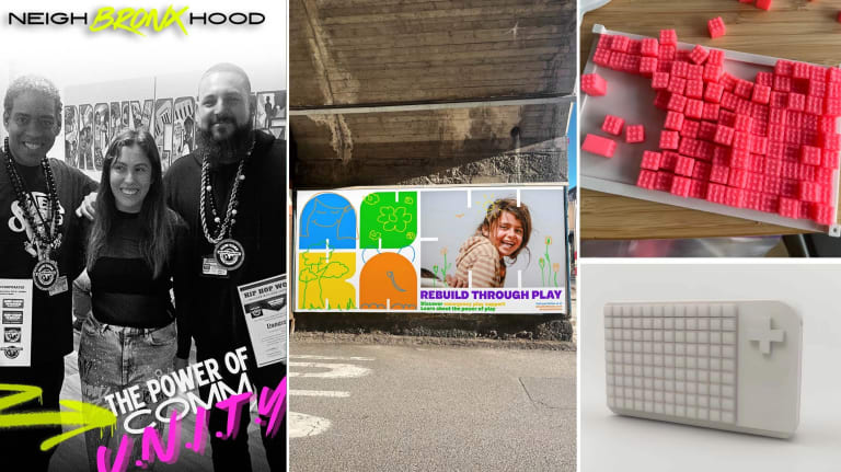 A triptych collage of imagery, from the left; black and white images of people posing and smiling, in the middle, a poster for the project ANKA with a child smiling, featured in the center; on the right, abstract red and beige images of a new video game console project.