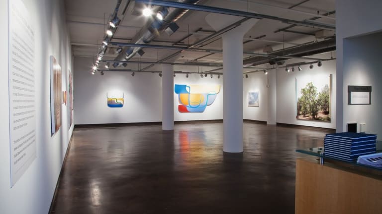 Exhibition photograph of “Between Picture and Viewer," showing front room of the Visual Arts Gallery with paintings on all three walls.