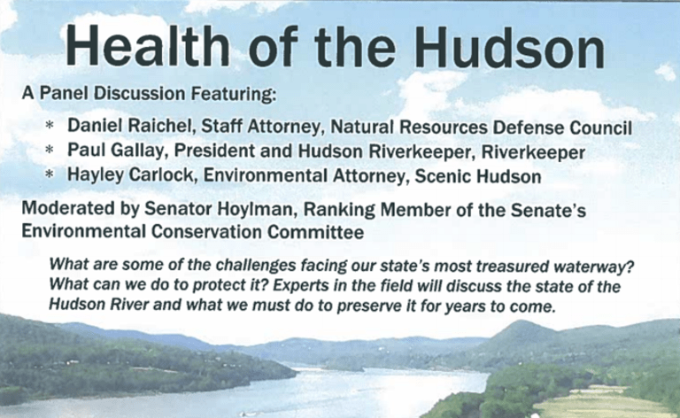 This shows a promotion for a panel discussion called Health of the Hudson.