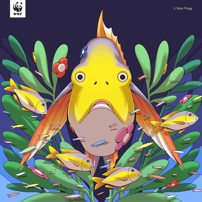 Brightly colored illustration of a wide-eyed fish peaking through some underwater foliage. Other fish and smaller creatures surround him. 