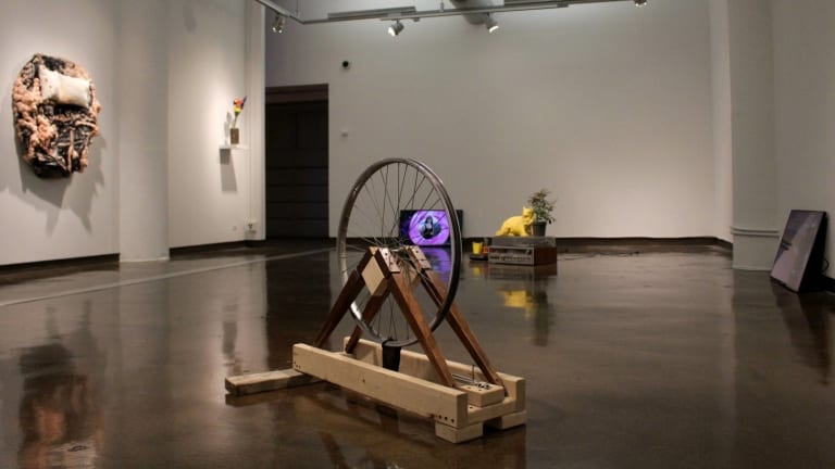 A sculpture lays in the middle of exhibit.