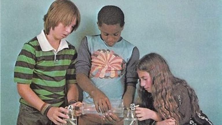 Three young teenagers are conducting a science experiment featuring two beakers filled with water.