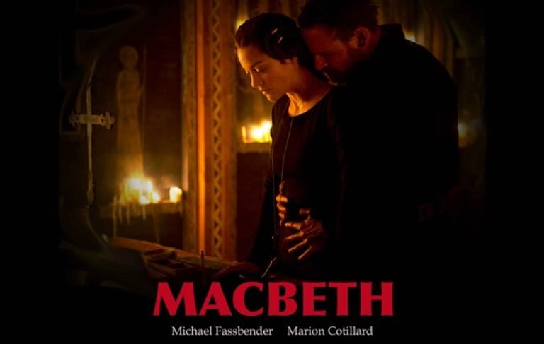 An advertisement for "Macbeth" with two people embracing