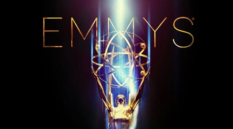 A black background with a gold writing for the word Emmys, a golden Emmy award is centered on the image.