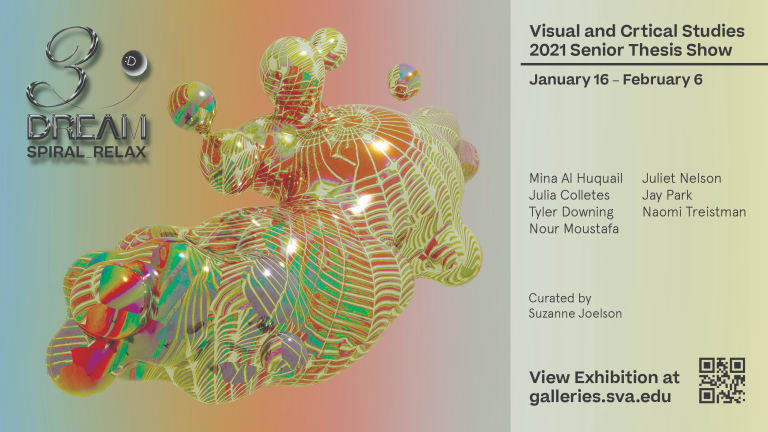 Exhibition flyer with computer-generated image of an amorphous iridescent form with bubble-like protruding shapes and a web-like pattern across its surface