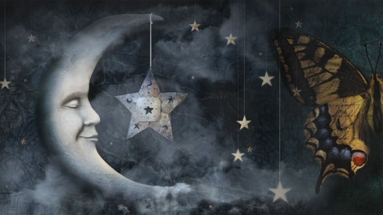 a crescent moon with a face and a star dangling from it, and a butterfly, on a gray misty background