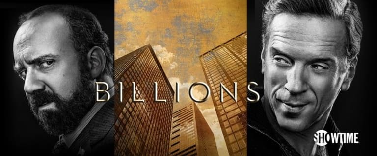 A showtime graphic for Billions has a color image of skyscrapers in the middle. The actors are in black on white on each end of the graphic.