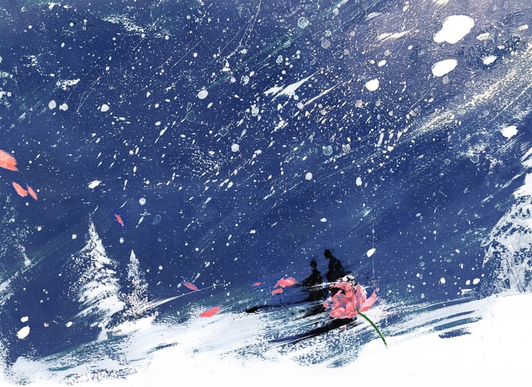 An illustration of two silhouettes standing in the background of a snowy landscape with a pink flower in the foreground