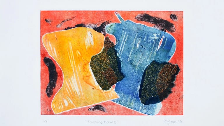 Pilar Lagos, Dancing heads, 2024, Mylar stencils on plexiglass, monotype and chine collé on Stonehenge (white), 9 ×11 in