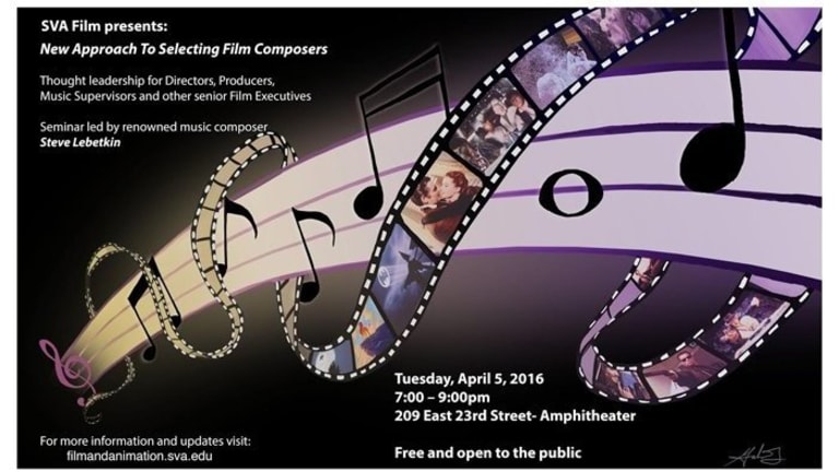 A brochure presenting an SVA film of a "New Approach To Selecting Film Composers". The event brochure has a stream of a musical note composition line with a film strip swirling around it with different movie images.