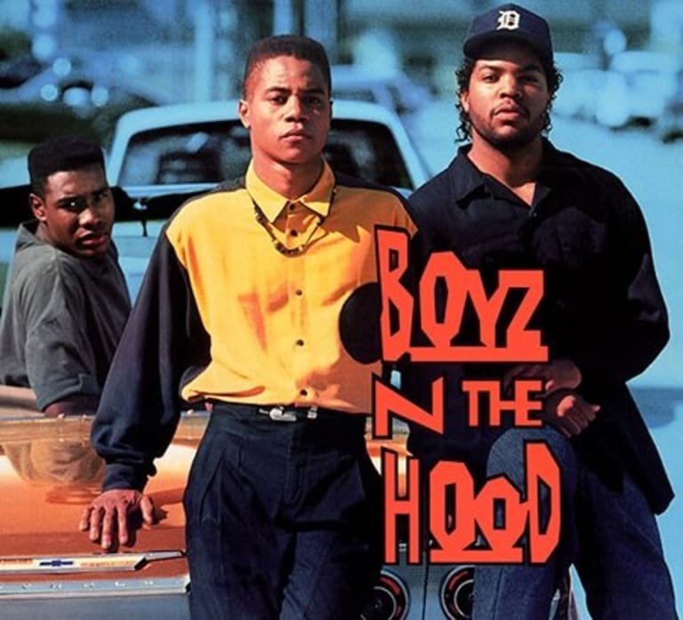 A film ad for "Boyz n the hood" with three gentlemen.