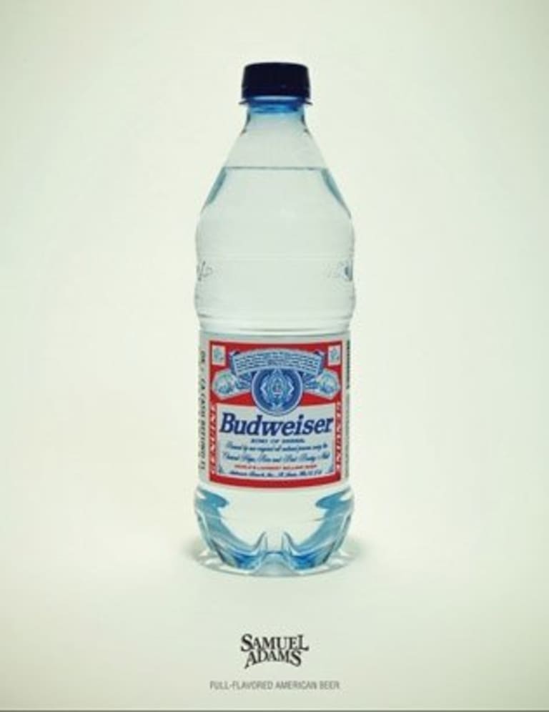 A Samuel Adams ad showcases a budweiser beer as a bottle of water.