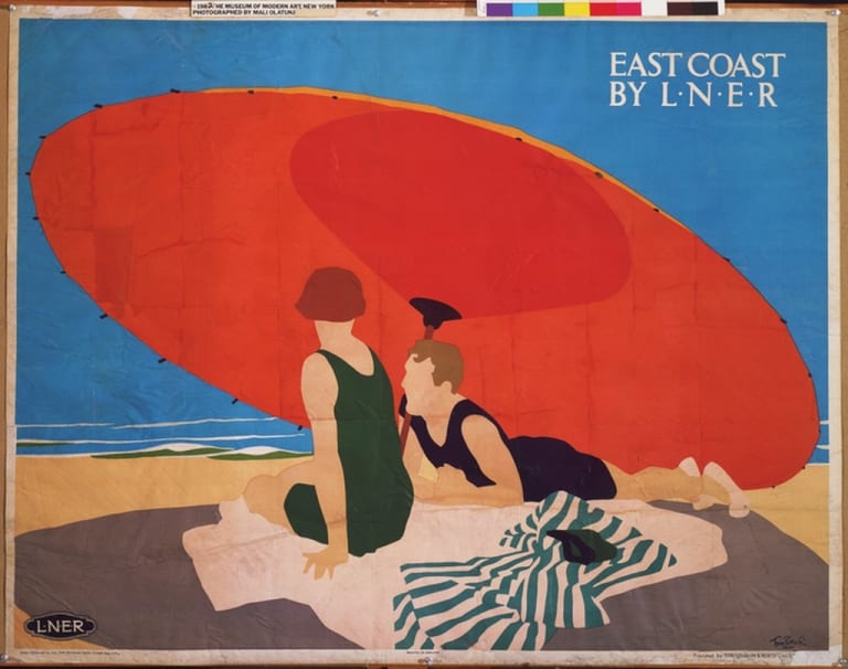 A poster by Tom Purvis, featuring two faceless people sitting under a large red umbrella on a beach