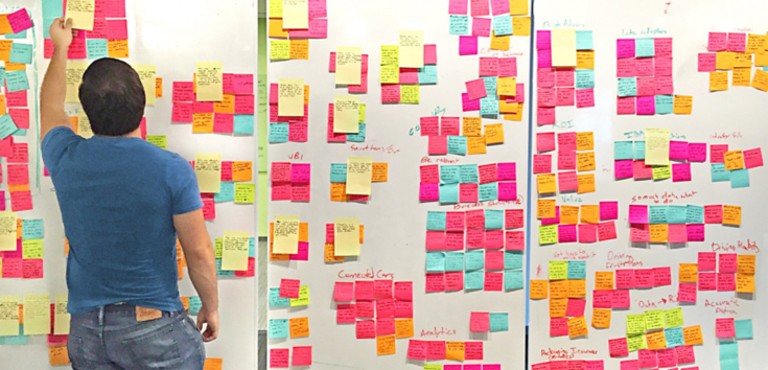 There are wall panels full of pink, blue, yellow and orange post it notes. A man is touching a yellow post it note.