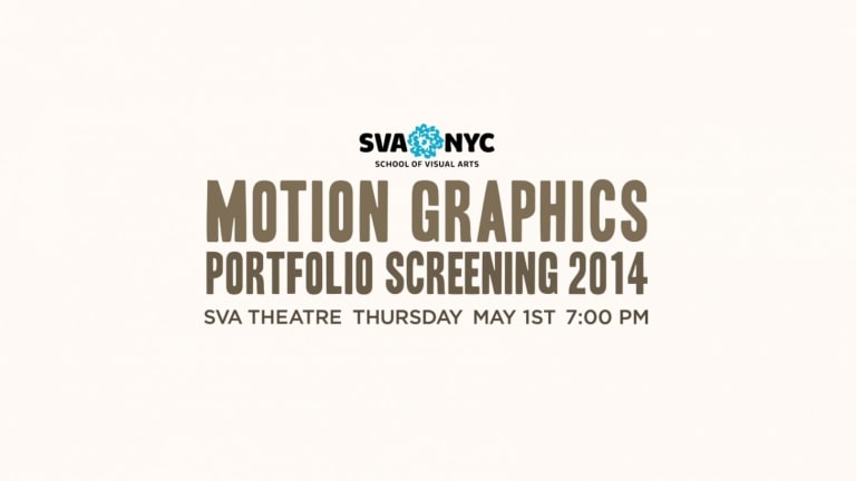 School of Visual Arts flyer for portfolio screening on thursday May 1 2014 at 7pm at the SVA theater with brown font and beige background