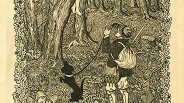 An intricate drawing in black of a person in a forest, observing an fairy-like figure in a tree.