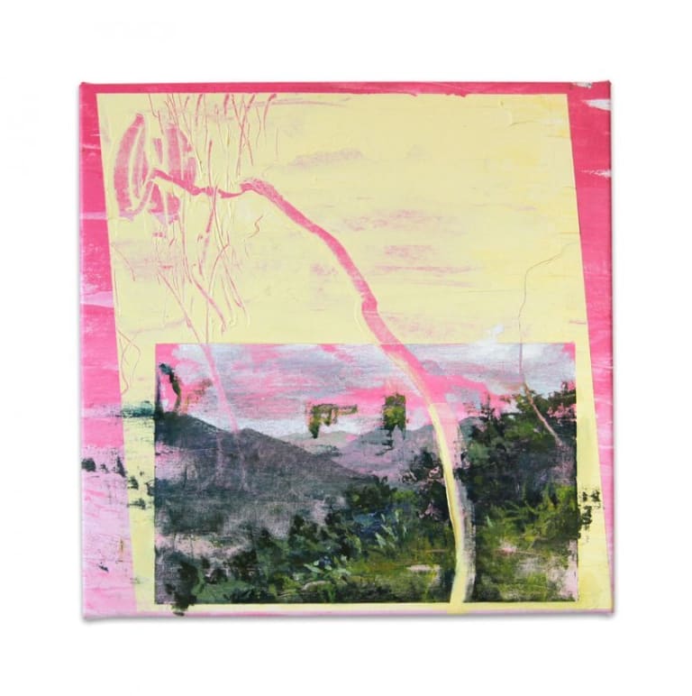 Partial landscape painting on a pink and yellow backdrop