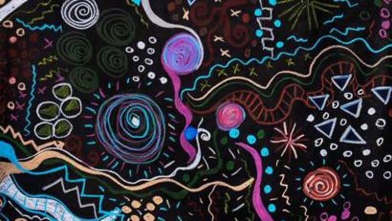 A painting with colorful swirls and graphic symbols on a black background.