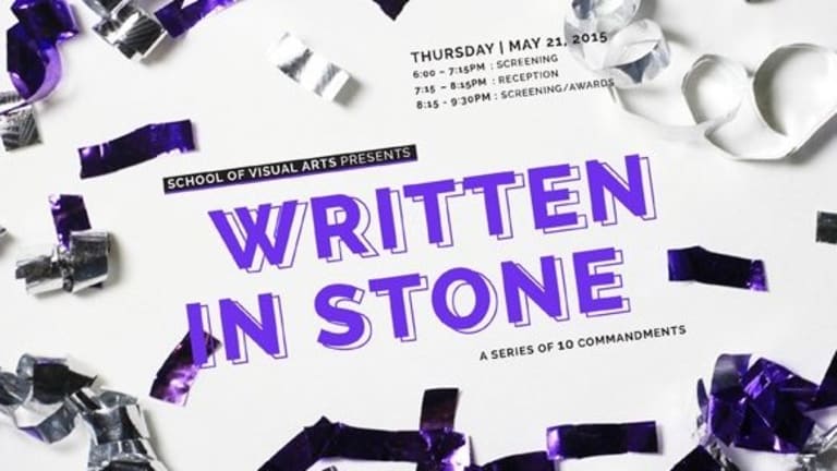 A poster for a screening at a visual arts school. It has a white background, purple text, and silver/purple confetti dashed around.