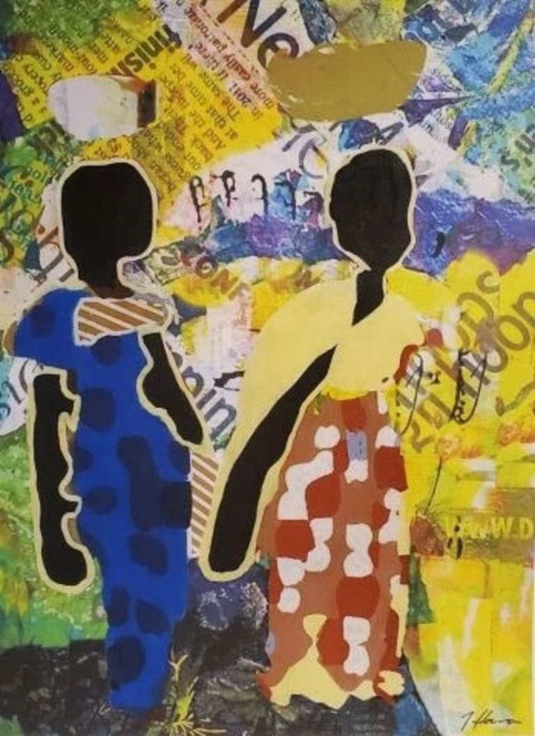 A colorful abstract image of two black women in blue and red dresses with a yellow and green background.