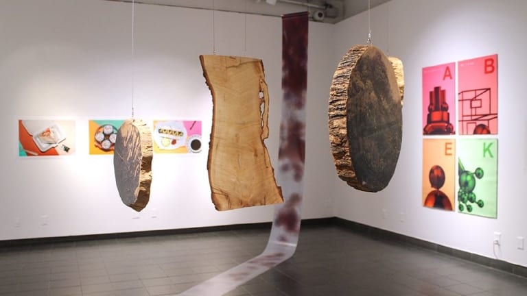 art gallery with hanging wood pieces