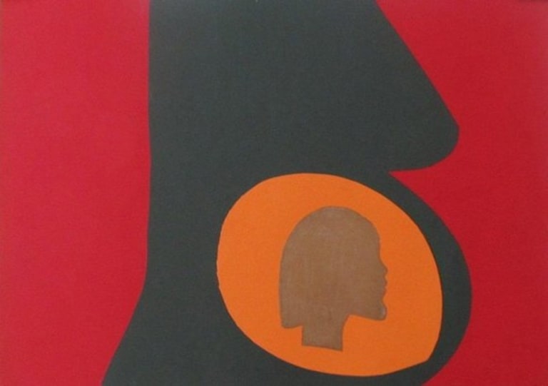 Red background with a black side shadow image of a pregnant female with a side profile of a face in the belly area with an orange background.