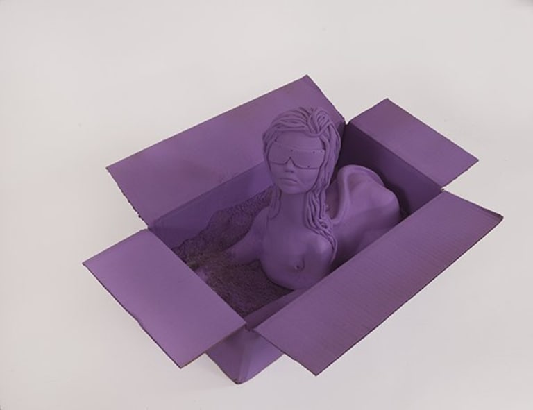 Sculpture of a purple sphinx in a purple box.