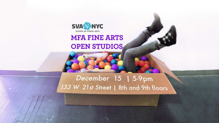 A brochure of the School of Visual Arts in NYC to an event. There is a woman submerged in a cardboard box full of colorful plastic balls, with only her clean clad legs in view.