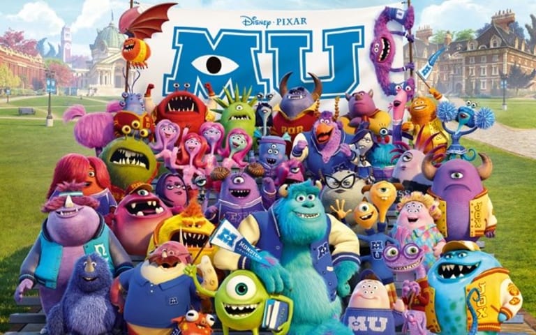 Disney Pixar characters decked out in team gear in front of a banner for MU.