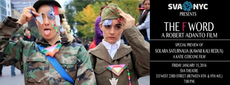 Two young women are dressed in army surplus clothes, with art objects hanging from their hats and clothes. The F Word film is promoted.