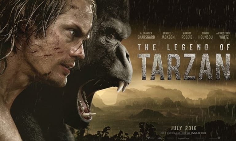 An ad for the movie "The Legend of Tarzan" premiering in July of 2016. To the left, there is the profiles of a white man and an ape.