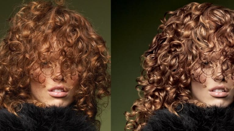 Two photos of a woman with red curly hair obstructing the top half of her face. The photo on the right is much sharper.