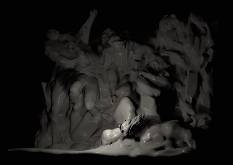 3D model in black and white of a smooth shiny, slightly abstracted wolf being stared down upon by a group of people