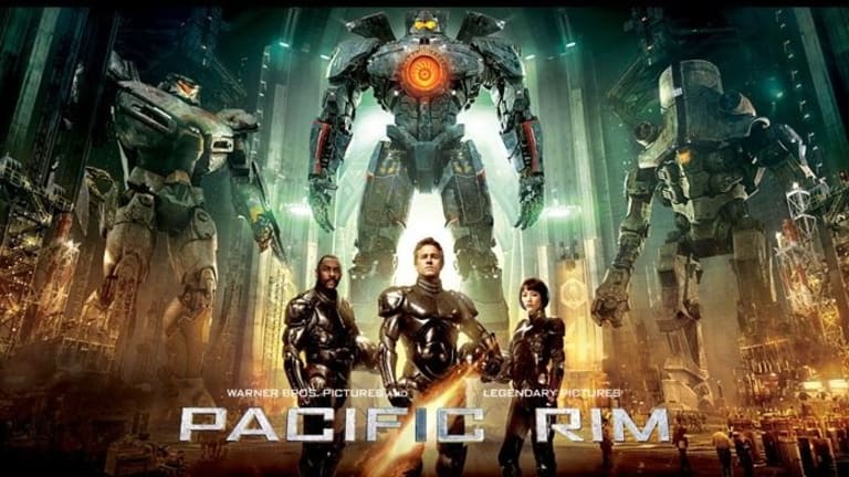 Advertisement for "Pacific Rim" of three people in metal suits, with three large robots