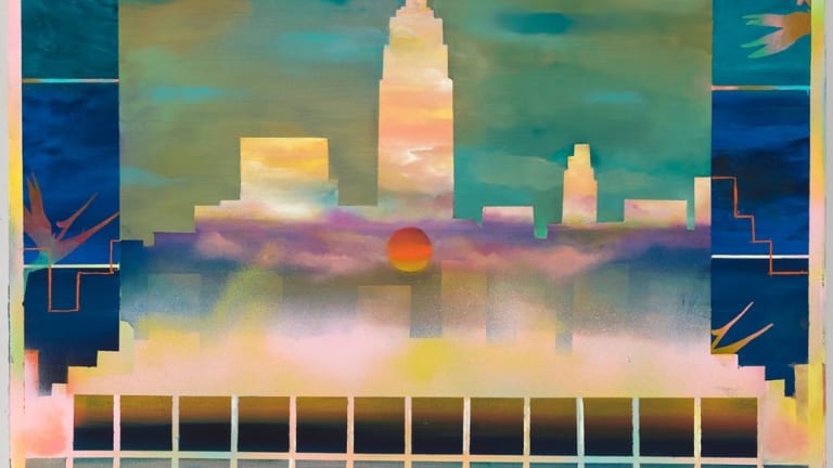 A skyline stands against a colorful background.