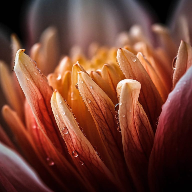 An AI-generated image of "floral fusion," sun-dappled colorful flowers protruding upward with drops of dew and water on them.